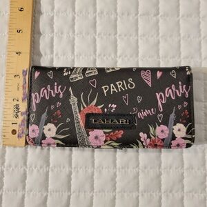 Tahari Black Paris Love Floral Slim Wallet Coquette Eiffel Tower Cute Fun Heart